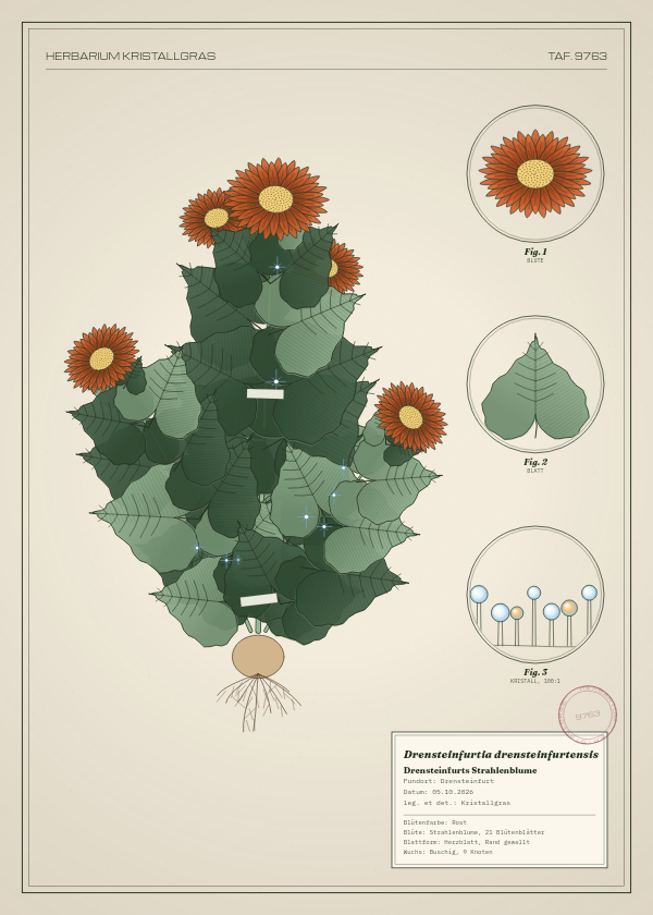 Botanische Tafel: Drensteinfurtia drensteinfurtensis, eine erfundene Pflanze aus Drensteinfurt, gezeichnet wie in einem alten Pflanzenatlas