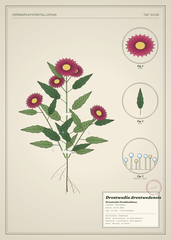 Botanische Tafel: Drentwedia drentwedensis, eine erfundene Pflanze aus Drentwede, gezeichnet wie in einem alten Pflanzenatlas
