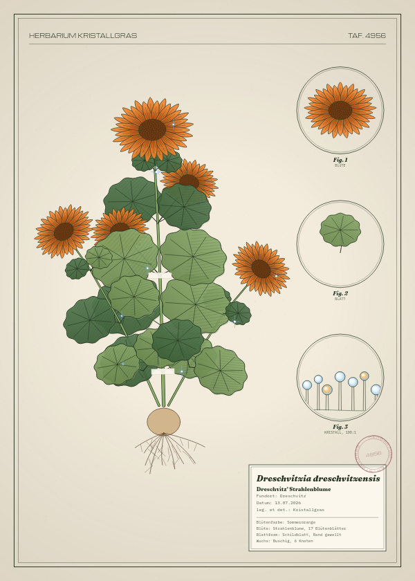 Botanische Tafel: Dreschvitzia dreschvitzensis, eine erfundene Pflanze aus Dreschvitz, gezeichnet wie in einem alten Pflanzenatlas