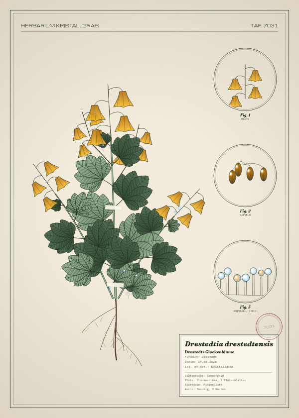 Botanische Tafel: Drestedtia drestedtensis, eine erfundene Pflanze aus Drestedt, gezeichnet wie in einem alten Pflanzenatlas