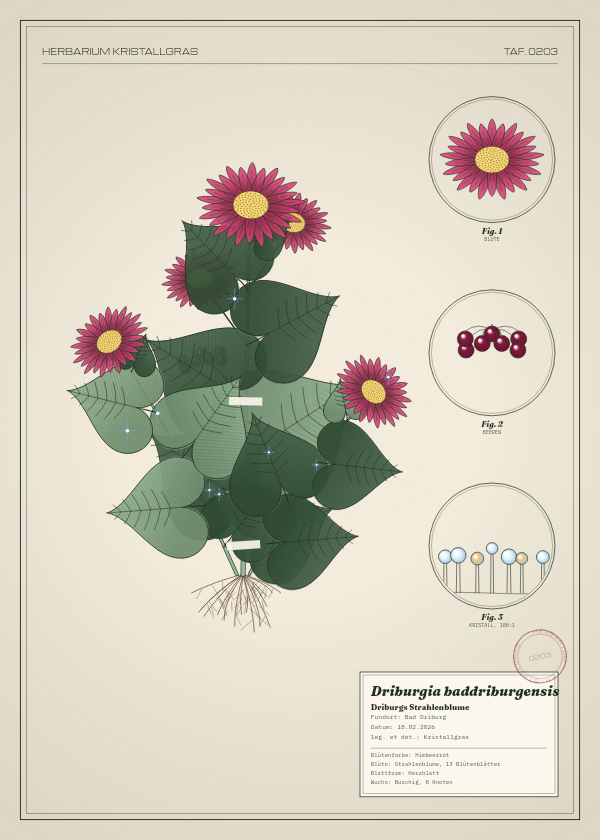 Botanische Tafel: Driburgia baddriburgensis, eine erfundene Pflanze aus Bad Driburg, gezeichnet wie in einem alten Pflanzenatlas