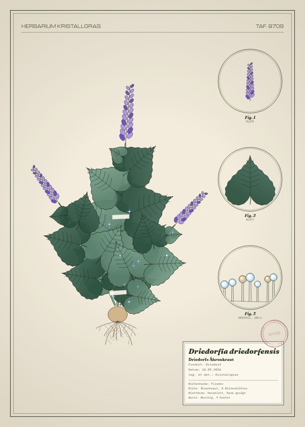 Botanische Tafel: Driedorfia driedorfensis, eine erfundene Pflanze aus Driedorf, gezeichnet wie in einem alten Pflanzenatlas