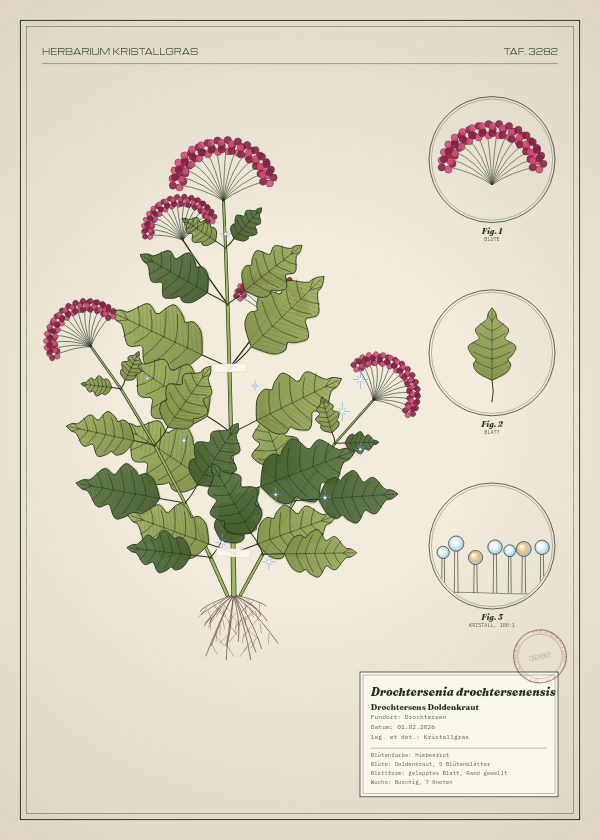Botanische Tafel: Drochtersenia drochtersenensis, eine erfundene Pflanze aus Drochtersen, gezeichnet wie in einem alten Pflanzenatlas