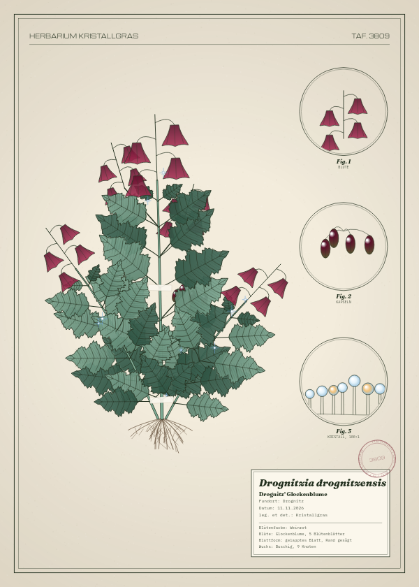 Botanische Tafel: Drognitzia drognitzensis, eine erfundene Pflanze aus Drognitz, gezeichnet wie in einem alten Pflanzenatlas