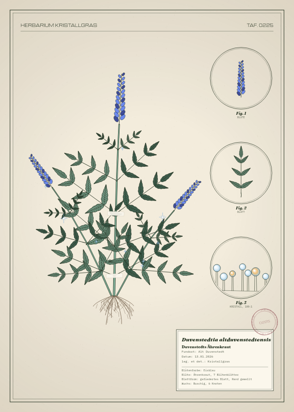 Botanische Tafel: Duvenstedtia altduvenstedtensis, eine erfundene Pflanze aus Alt Duvenstedt, gezeichnet wie in einem alten Pflanzenatlas
