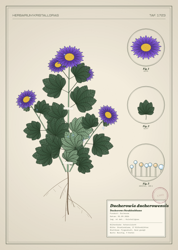 Botanische Tafel: Ducherowia ducherowensis, eine erfundene Pflanze aus Ducherow, gezeichnet wie in einem alten Pflanzenatlas