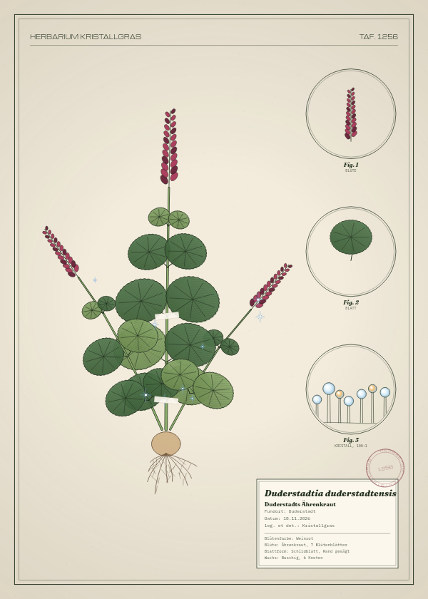 Botanische Tafel: Duderstadtia duderstadtensis, eine erfundene Pflanze aus Duderstadt, gezeichnet wie in einem alten Pflanzenatlas