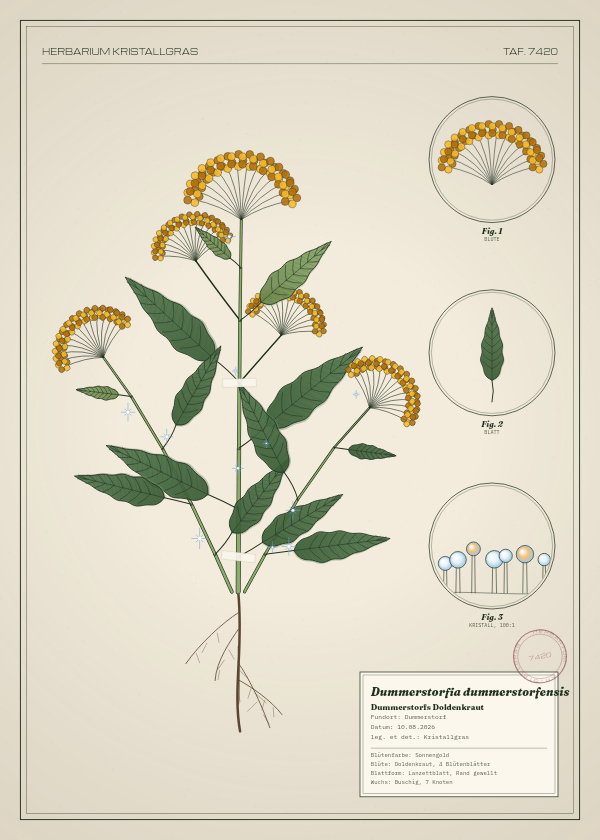Botanische Tafel: Dummerstorfia dummerstorfensis, eine erfundene Pflanze aus Dummerstorf, gezeichnet wie in einem alten Pflanzenatlas