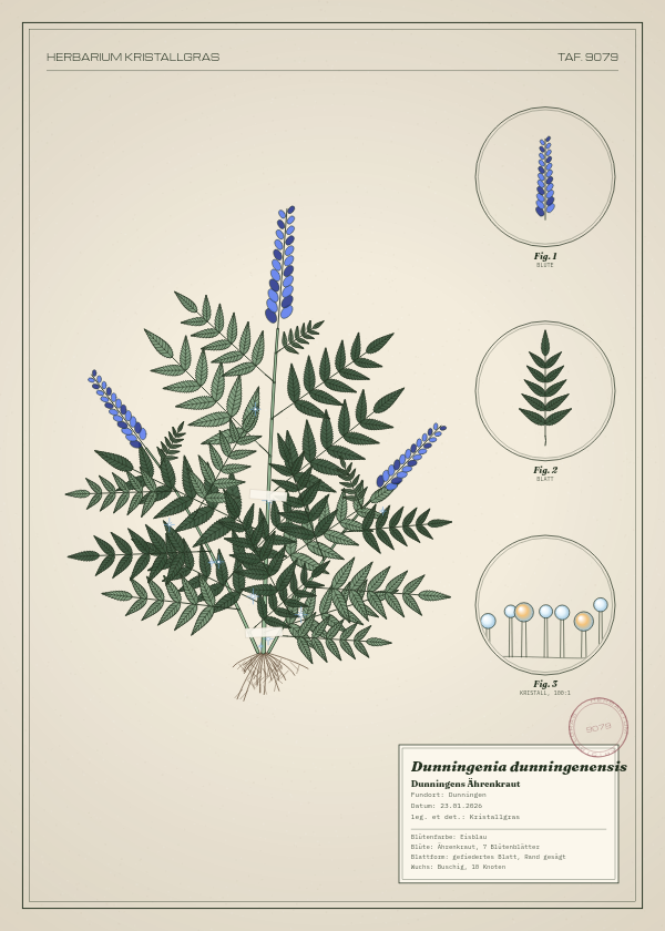 Botanische Tafel: Dunningenia dunningenensis, eine erfundene Pflanze aus Dunningen, gezeichnet wie in einem alten Pflanzenatlas