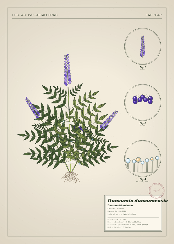 Botanische Tafel: Dunsumia dunsumensis, eine erfundene Pflanze aus Dunsum, gezeichnet wie in einem alten Pflanzenatlas