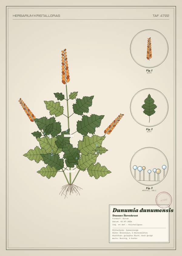 Botanische Tafel: Dunumia dunumensis, eine erfundene Pflanze aus Dunum, gezeichnet wie in einem alten Pflanzenatlas