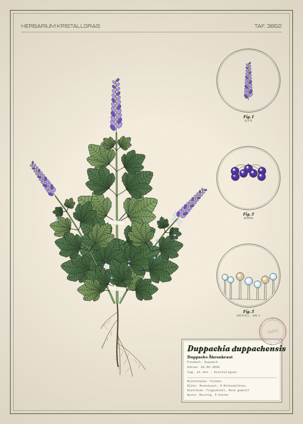 Botanische Tafel: Duppachia duppachensis, eine erfundene Pflanze aus Duppach, gezeichnet wie in einem alten Pflanzenatlas
