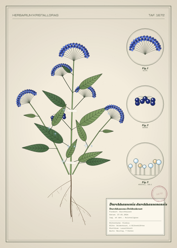 Botanische Tafel: Durchhausenia durchhausenensis, eine erfundene Pflanze aus Durchhausen, gezeichnet wie in einem alten Pflanzenatlas