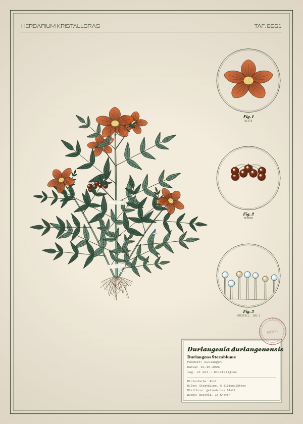 Botanische Tafel: Durlangenia durlangenensis, eine erfundene Pflanze aus Durlangen, gezeichnet wie in einem alten Pflanzenatlas