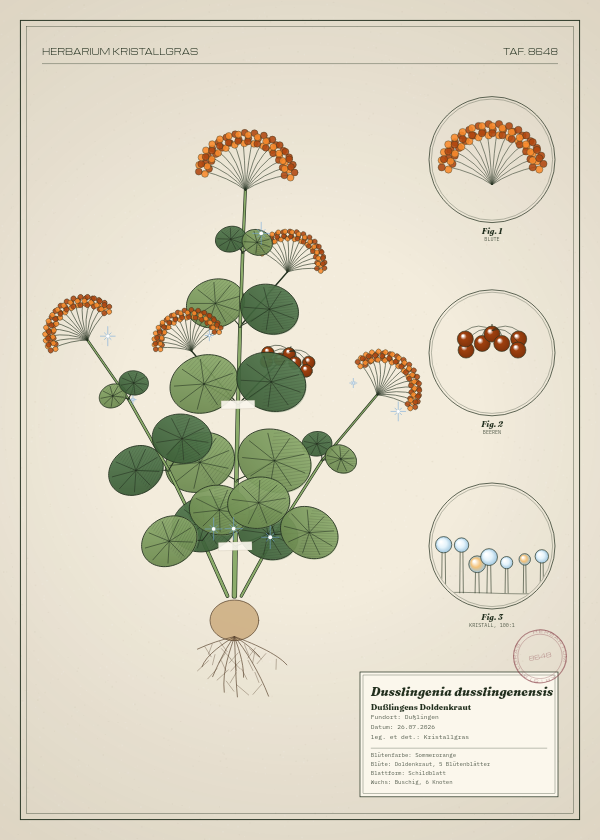 Botanische Tafel: Dusslingenia dusslingenensis, eine erfundene Pflanze aus Dußlingen, gezeichnet wie in einem alten Pflanzenatlas