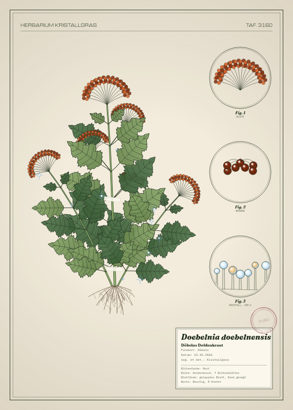 Botanische Tafel: Doebelnia doebelnensis, eine erfundene Pflanze aus Döbeln, gezeichnet wie in einem alten Pflanzenatlas