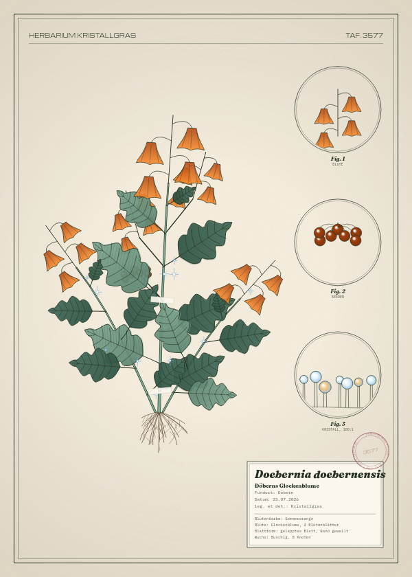 Botanische Tafel: Doebernia doebernensis, eine erfundene Pflanze aus Döbern, gezeichnet wie in einem alten Pflanzenatlas