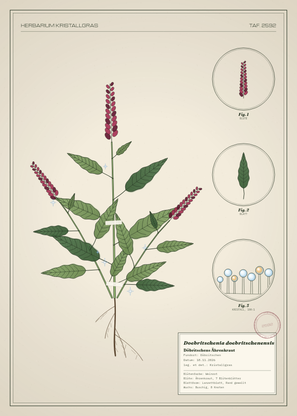 Botanische Tafel: Doebritschenia doebritschenensis, eine erfundene Pflanze aus Döbritschen, gezeichnet wie in einem alten Pflanzenatlas