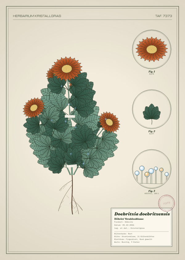 Botanische Tafel: Doebritzia doebritzensis, eine erfundene Pflanze aus Döbritz, gezeichnet wie in einem alten Pflanzenatlas