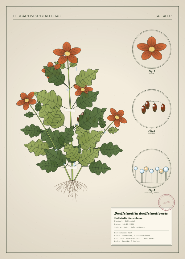 Botanische Tafel: Doellstaedtia doellstaedtensis, eine erfundene Pflanze aus Döllstädt, gezeichnet wie in einem alten Pflanzenatlas