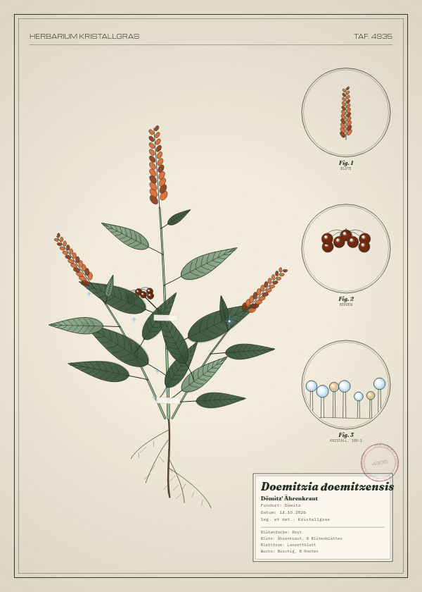 Botanische Tafel: Doemitzia doemitzensis, eine erfundene Pflanze aus Dömitz, gezeichnet wie in einem alten Pflanzenatlas