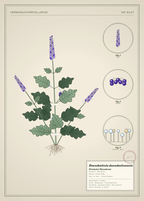 Botanische Tafel: Doeschnitzia doeschnitzensis, eine erfundene Pflanze aus Döschnitz, gezeichnet wie in einem alten Pflanzenatlas