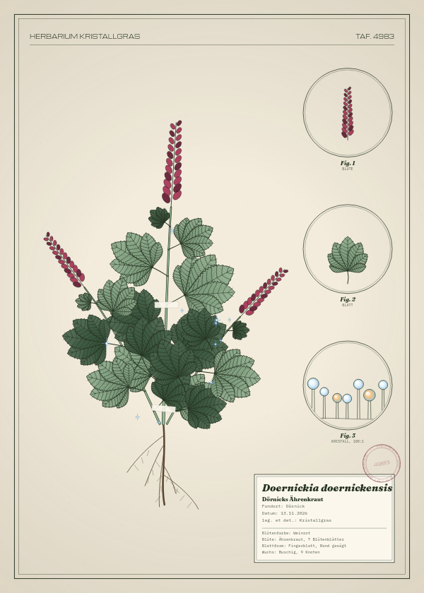 Botanische Tafel: Doernickia doernickensis, eine erfundene Pflanze aus Dörnick, gezeichnet wie in einem alten Pflanzenatlas