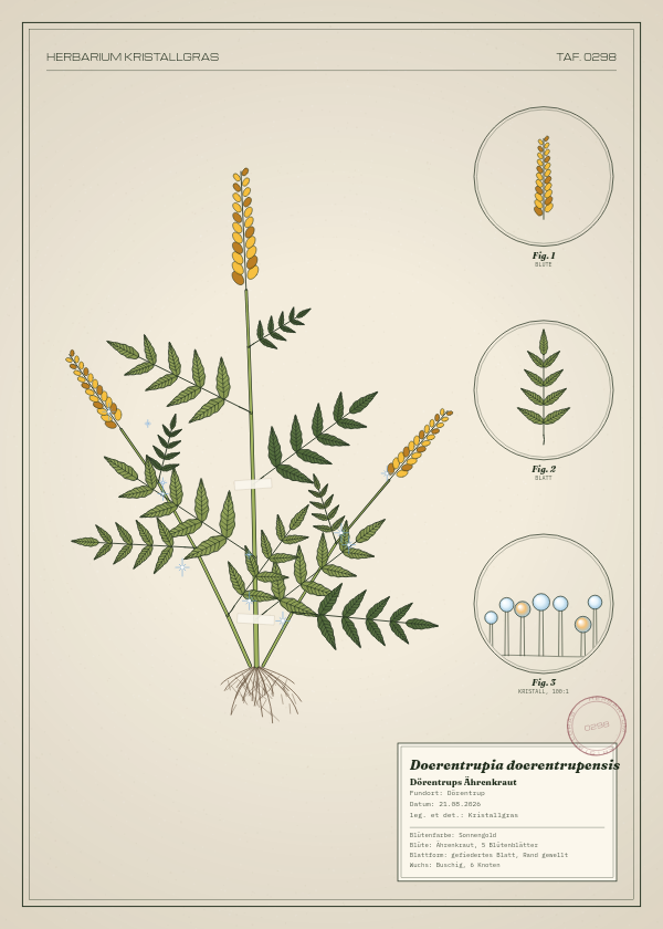 Botanische Tafel: Doerentrupia doerentrupensis, eine erfundene Pflanze aus Dörentrup, gezeichnet wie in einem alten Pflanzenatlas