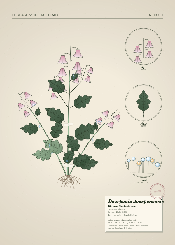 Botanische Tafel: Doerpenia doerpenensis, eine erfundene Pflanze aus Dörpen, gezeichnet wie in einem alten Pflanzenatlas