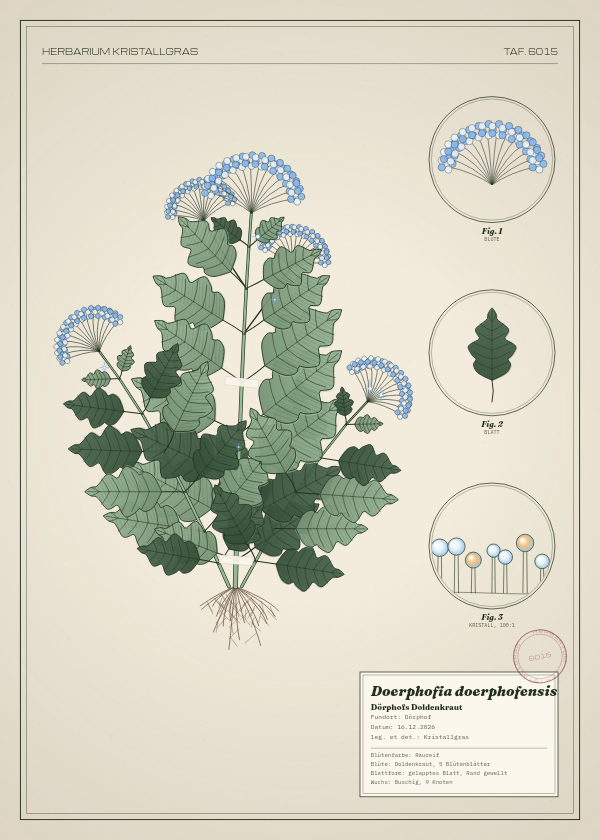 Botanische Tafel: Doerphofia doerphofensis, eine erfundene Pflanze aus Dörphof, gezeichnet wie in einem alten Pflanzenatlas