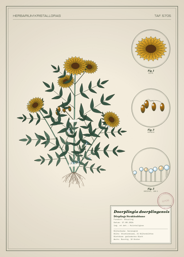 Botanische Tafel: Doerplingia doerplingensis, eine erfundene Pflanze aus Dörpling, gezeichnet wie in einem alten Pflanzenatlas