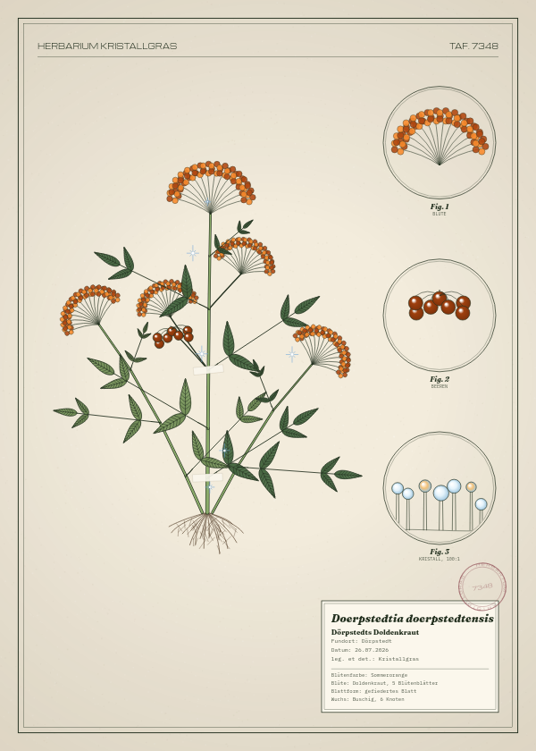 Botanische Tafel: Doerpstedtia doerpstedtensis, eine erfundene Pflanze aus Dörpstedt, gezeichnet wie in einem alten Pflanzenatlas