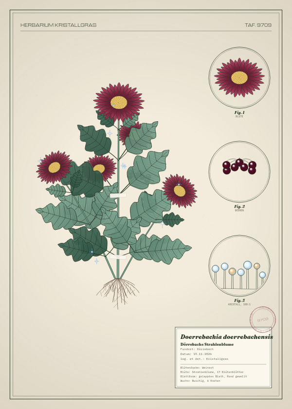 Botanische Tafel: Doerrebachia doerrebachensis, eine erfundene Pflanze aus Dörrebach, gezeichnet wie in einem alten Pflanzenatlas