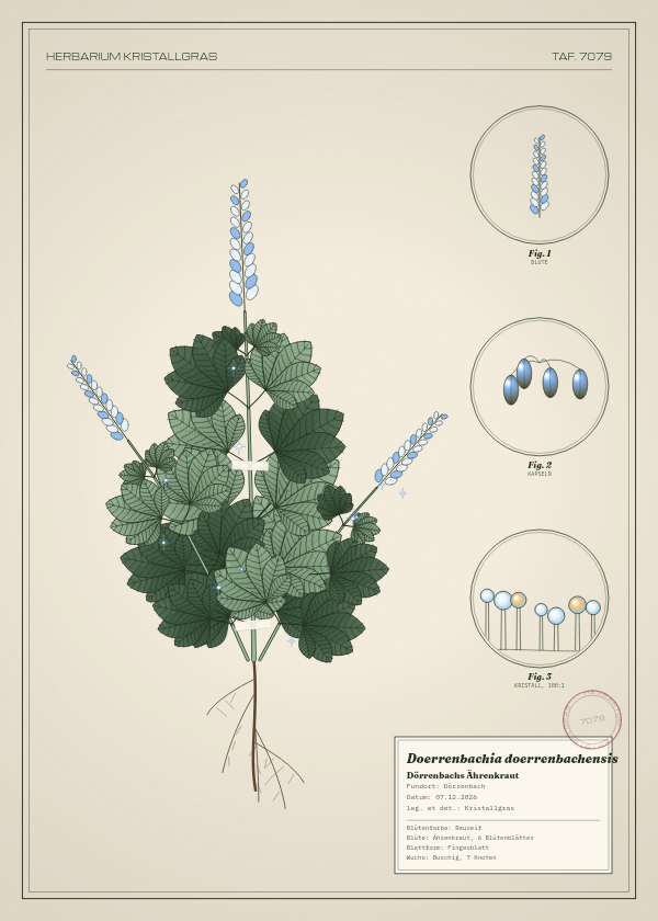 Botanische Tafel: Doerrenbachia doerrenbachensis, eine erfundene Pflanze aus Dörrenbach, gezeichnet wie in einem alten Pflanzenatlas