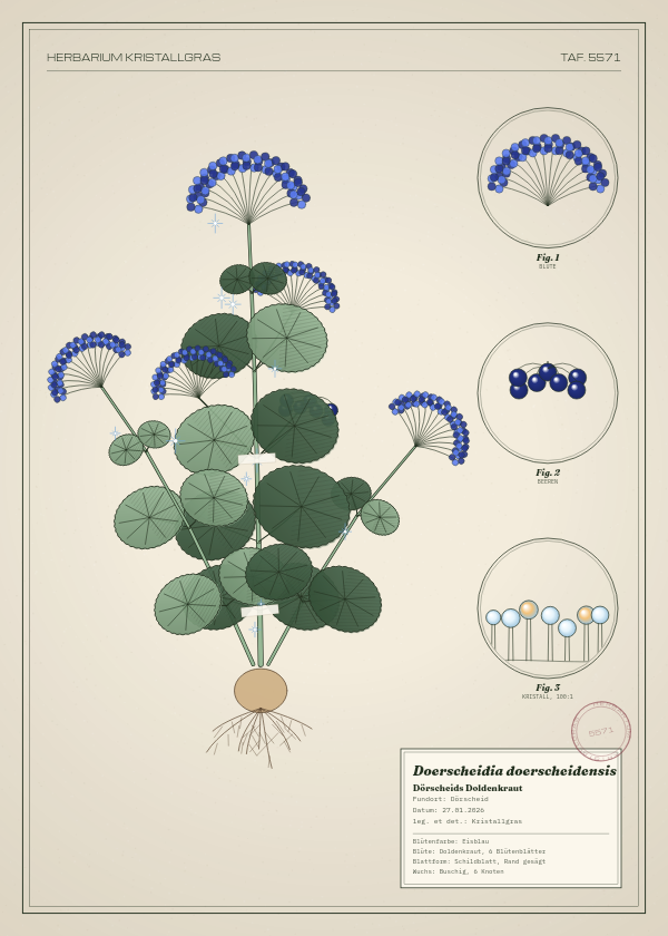 Botanische Tafel: Doerscheidia doerscheidensis, eine erfundene Pflanze aus Dörscheid, gezeichnet wie in einem alten Pflanzenatlas