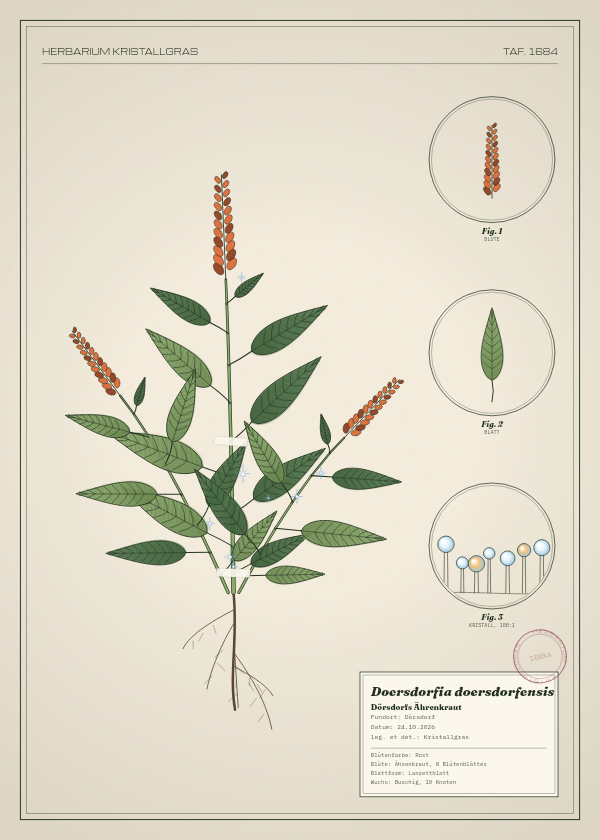 Botanische Tafel: Doersdorfia doersdorfensis, eine erfundene Pflanze aus Dörsdorf, gezeichnet wie in einem alten Pflanzenatlas