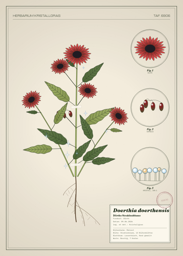 Botanische Tafel: Doerthia doerthensis, eine erfundene Pflanze aus Dörth, gezeichnet wie in einem alten Pflanzenatlas