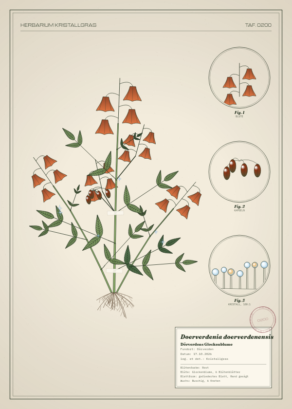 Botanische Tafel: Doerverdenia doerverdenensis, eine erfundene Pflanze aus Dörverden, gezeichnet wie in einem alten Pflanzenatlas