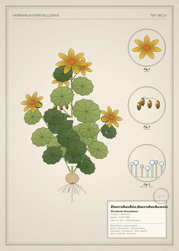 Botanische Tafel: Doerzbachia doerzbachensis, eine erfundene Pflanze aus Dörzbach, gezeichnet wie in einem alten Pflanzenatlas