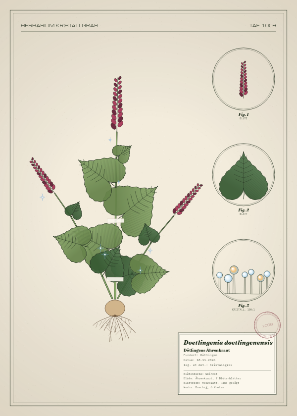 Botanische Tafel: Doetlingenia doetlingenensis, eine erfundene Pflanze aus Dötlingen, gezeichnet wie in einem alten Pflanzenatlas