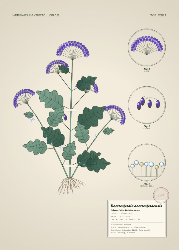 Botanische Tafel: Doettesfeldia doettesfeldensis, eine erfundene Pflanze aus Döttesfeld, gezeichnet wie in einem alten Pflanzenatlas