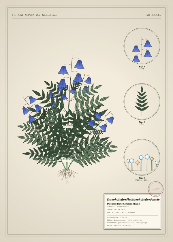 Botanische Tafel: Duechelsdorfia duechelsdorfensis, eine erfundene Pflanze aus Düchelsdorf, gezeichnet wie in einem alten Pflanzenatlas