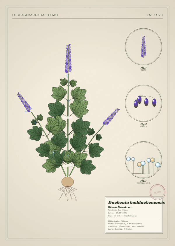 Botanische Tafel: Duebenia badduebenensis, eine erfundene Pflanze aus Bad Düben, gezeichnet wie in einem alten Pflanzenatlas