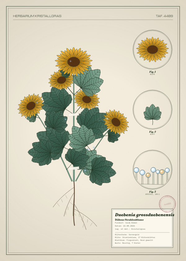 Botanische Tafel: Duebenia grossduebenensis, eine erfundene Pflanze aus Groß Düben, gezeichnet wie in einem alten Pflanzenatlas