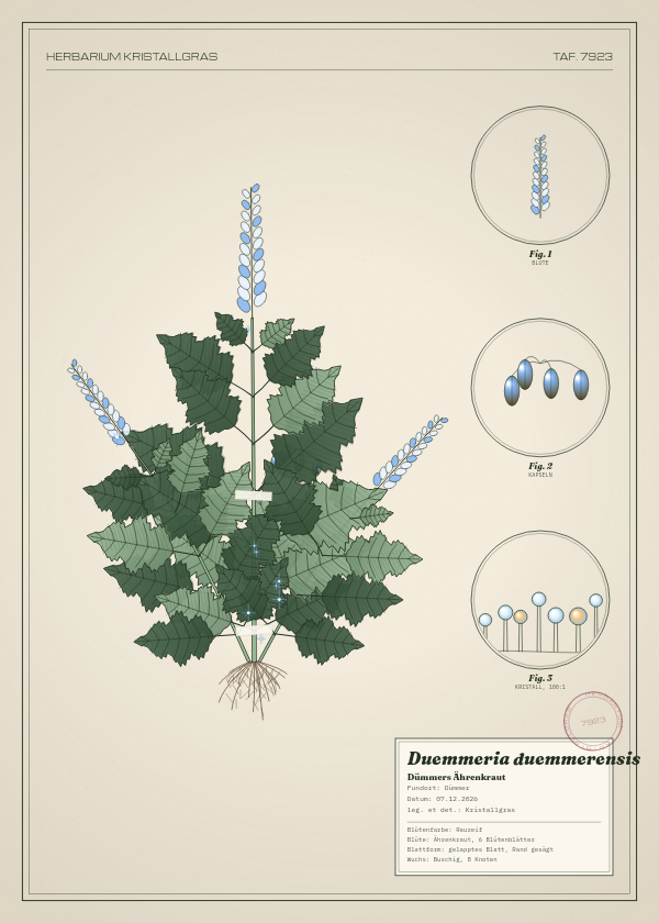Botanische Tafel: Duemmeria duemmerensis, eine erfundene Pflanze aus Dümmer, gezeichnet wie in einem alten Pflanzenatlas