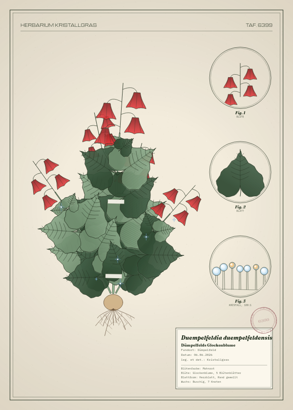 Botanische Tafel: Duempelfeldia duempelfeldensis, eine erfundene Pflanze aus Dümpelfeld, gezeichnet wie in einem alten Pflanzenatlas