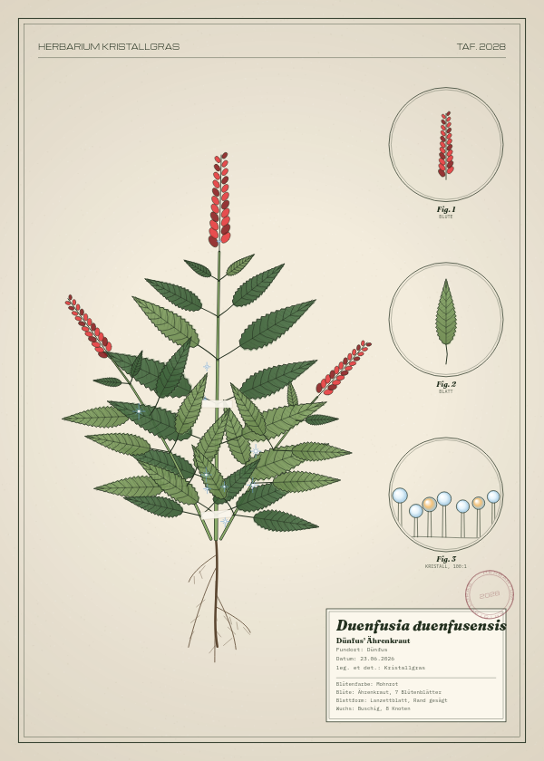 Botanische Tafel: Duenfusia duenfusensis, eine erfundene Pflanze aus Dünfus, gezeichnet wie in einem alten Pflanzenatlas