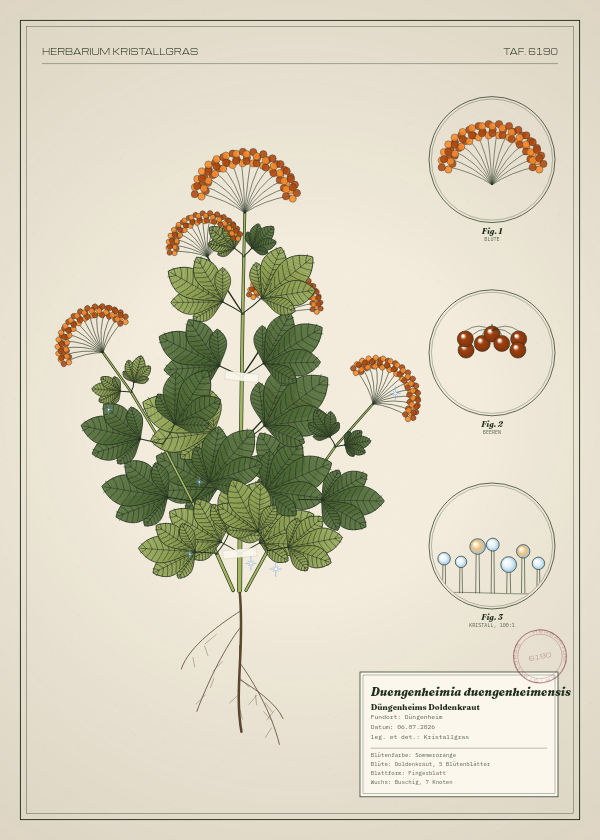 Botanische Tafel: Duengenheimia duengenheimensis, eine erfundene Pflanze aus Düngenheim, gezeichnet wie in einem alten Pflanzenatlas