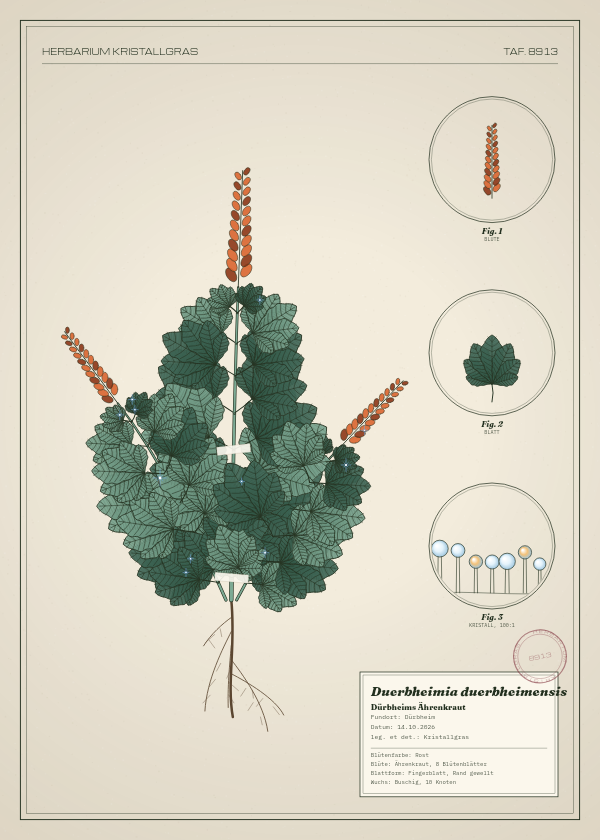 Botanische Tafel: Duerbheimia duerbheimensis, eine erfundene Pflanze aus Dürbheim, gezeichnet wie in einem alten Pflanzenatlas