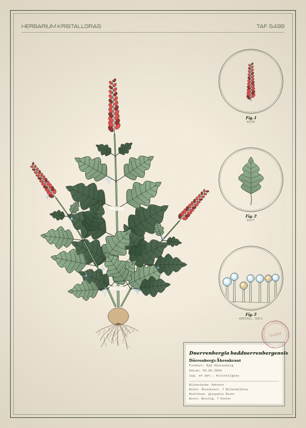 Botanische Tafel: Duerrenbergia badduerrenbergensis, eine erfundene Pflanze aus Bad Dürrenberg, gezeichnet wie in einem alten Pflanzenatlas